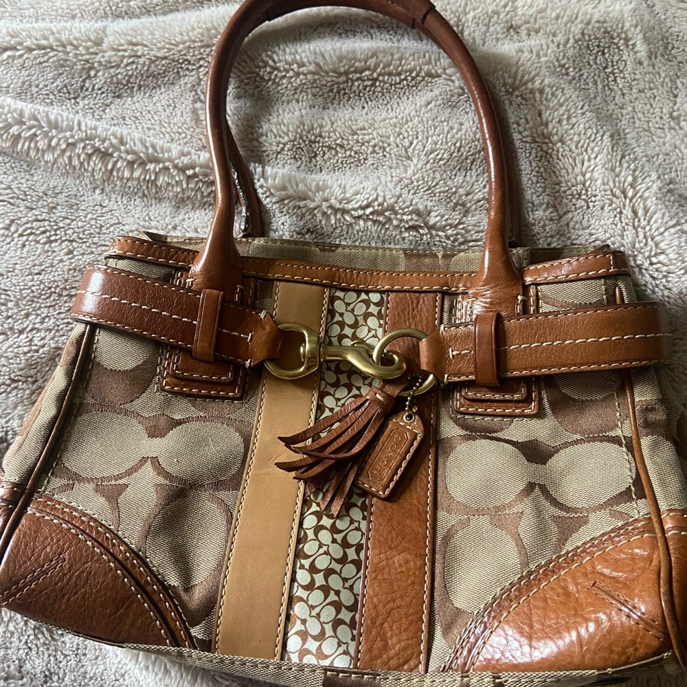 Coach Brown and Tan Satchel with Signature Monogram